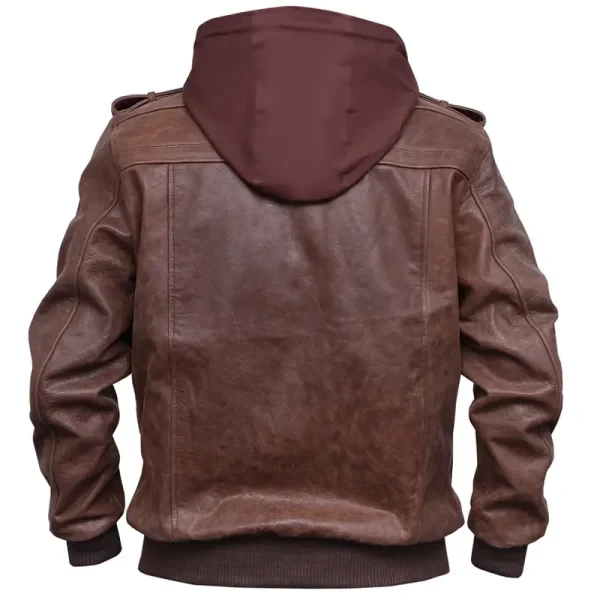 Men's Distressed Leather Brown Bomber Hooded Jacket | Genuine Leather | Rugged & Stylish - Photo 1