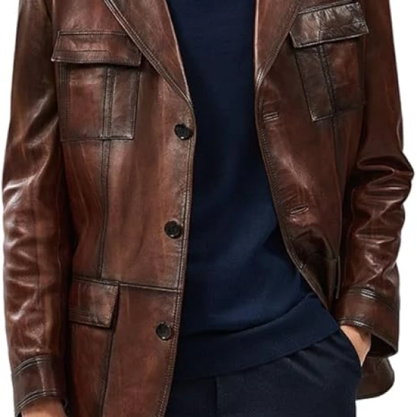 Men’s Vintage Brown Leather Blazer | Soft Italian Lambskin Sport Coat - Photo 4