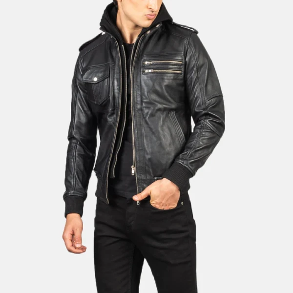 Bravado Black Hooded Leather Bomber Jacket | Sheepskin & Quilted Lining - Photo 2