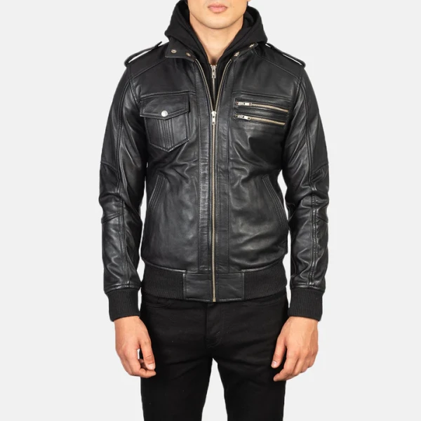 Bravado Black Hooded Leather Bomber Jacket | Sheepskin & Quilted Lining - Photo 3