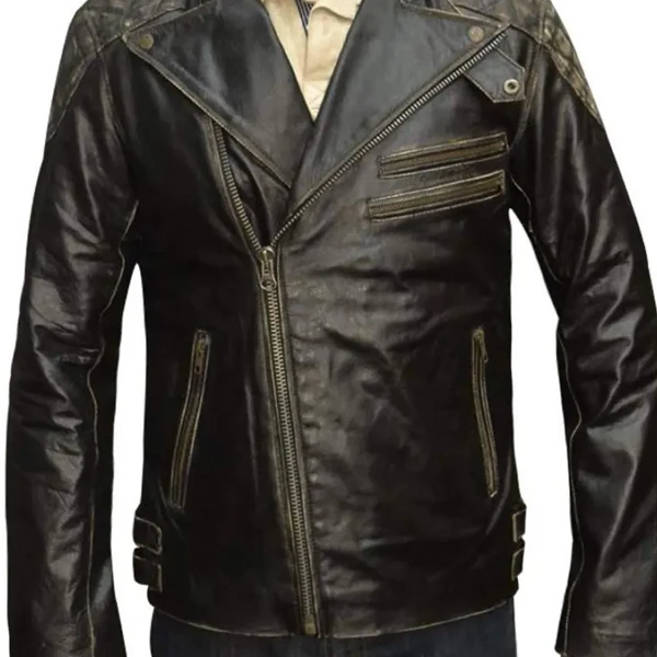 Men’s Distressed Black Skull Vintage Biker Jacket | Sheepskin Leather Motorcycle Jacket with Zipper Pockets - Photo 1