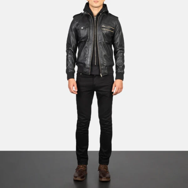 Bravado Black Hooded Leather Bomber Jacket | Sheepskin & Quilted Lining - Photo 1