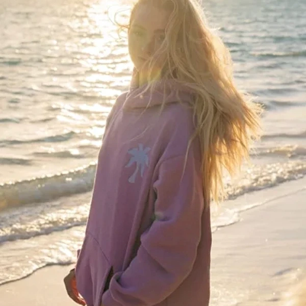 Pink Palm Puff Everything Comes In Waves Hoodie | Fleece Pullover with Hood & Ribbed Cuffs | Cozy Unisex Apparel - Photo 3