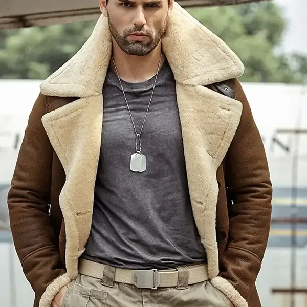 Men’s Fur Shearling Brown Leather Coat | Real Leather Aviator Jacket with Shearling Lining - Photo 3
