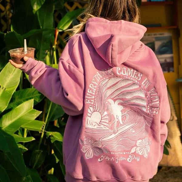 Pink Palm Puff Everything Comes In Waves Hoodie | Fleece Pullover with Hood & Ribbed Cuffs | Cozy Unisex Apparel - Photo 2