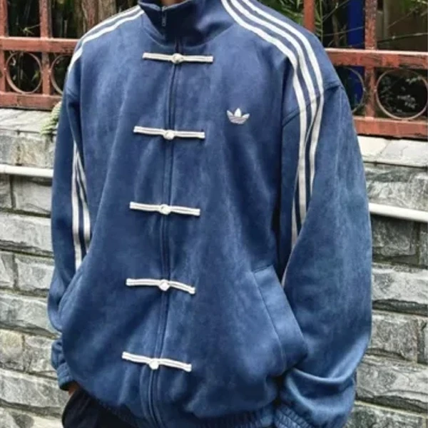 Adidas Tang Chinese New Year 2025 Jacket | Unisex Faux Suede Leather Jacket in Blue - Photo 2