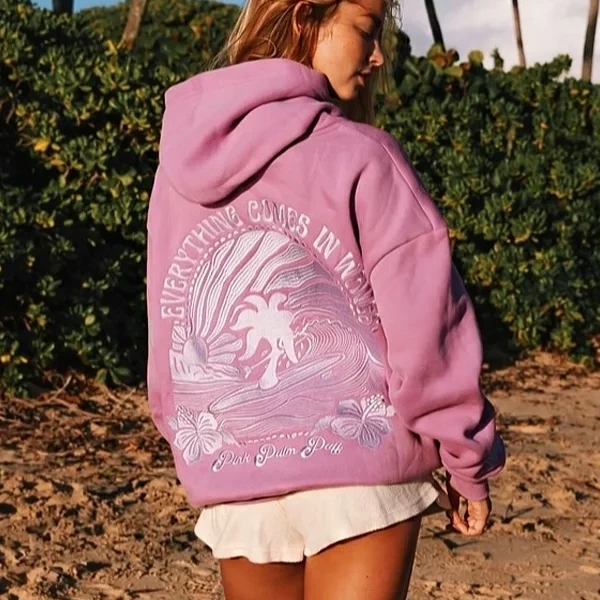 Pink Palm Puff Everything Comes In Waves Hoodie | Fleece Pullover with Hood & Ribbed Cuffs | Cozy Unisex Apparel - Photo 1