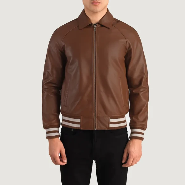 Walton Brown Leather Varsity Jacket | Sheepskin & Quilted Polyester Lining - Photo 4