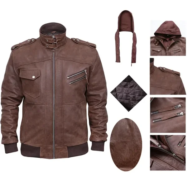 Men's Distressed Leather Brown Bomber Hooded Jacket | Genuine Leather | Rugged & Stylish - Photo 2