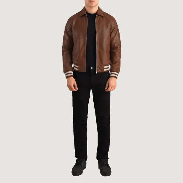 Walton Brown Leather Varsity Jacket | Sheepskin & Quilted Polyester Lining - Photo 1