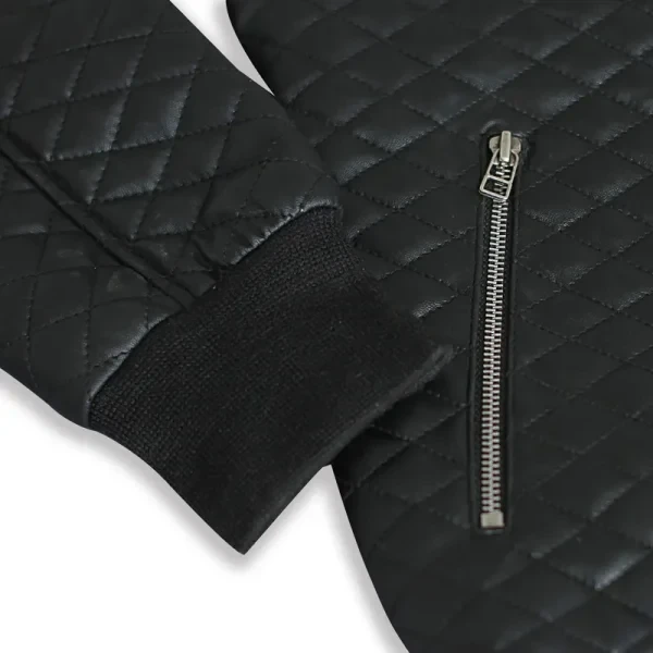Men’s Diamond Quilted Black Motorcycle Bomber Jacket | 100% Genuine Leather - Photo 5