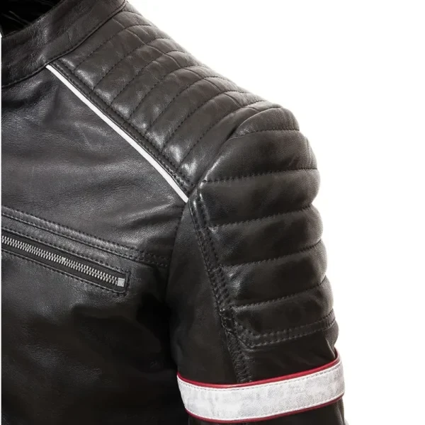 Men’s Racing Biker Stripes Real Leather Jacket | Black & Red Motorcycle Style | Free USA Shipping - Photo 2