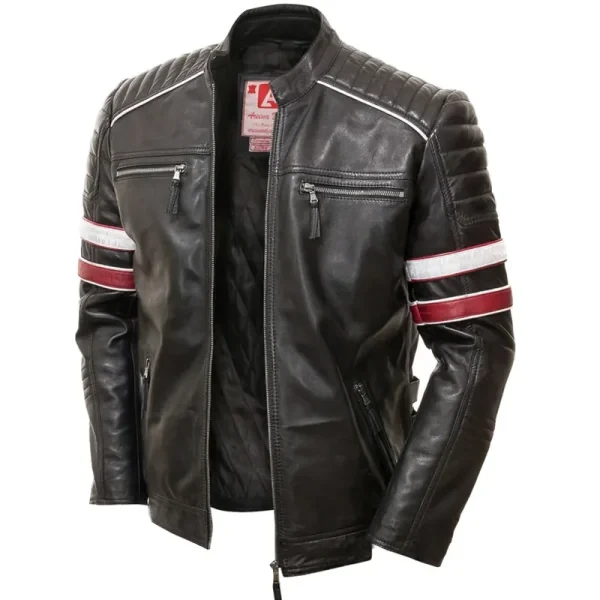 Men’s Racing Biker Stripes Real Leather Jacket | Black & Red Motorcycle Style | Free USA Shipping - Photo 5