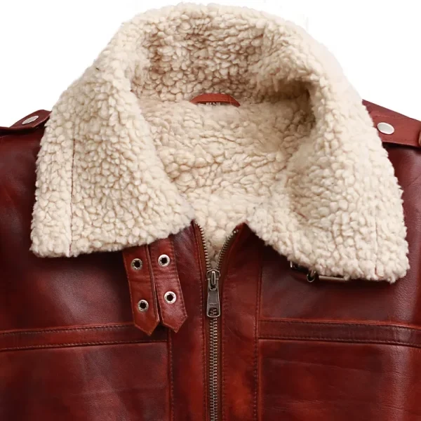 Men’s Brown Shearling Stand Collar Leather Jacket | Real Leather & Fur | Free USA Shipping - Photo 6