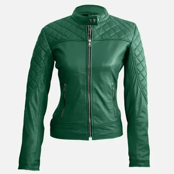 Women's Green Quilted Leather Jacket | Premium Sheepskin | Cafe Racer Design | Stylish & Warm - Photo 2