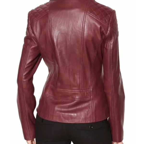 Women's Burgundy Asymmetrical Motorcycle Jacket – Genuine Leather & YKK Zipper - Photo 2