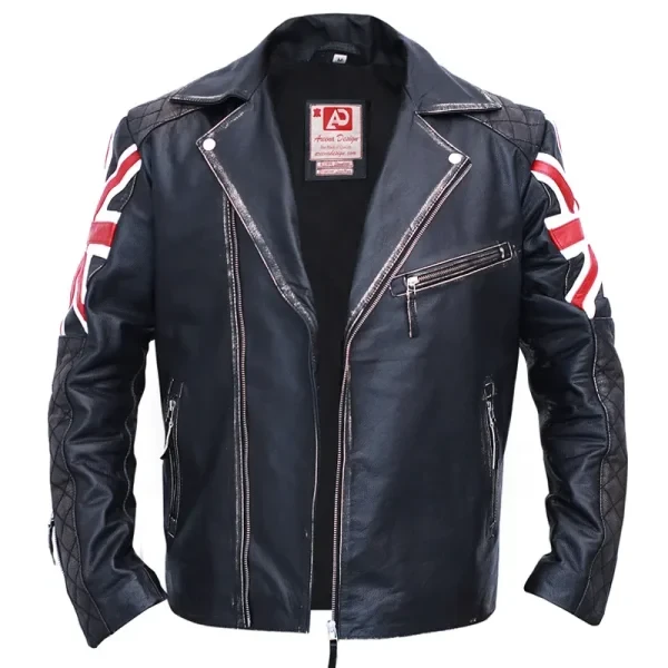 Union Jack Biker Vintage Black Leather Jacket for Men | Real Leather | British Flag Design (USA) - Photo 3