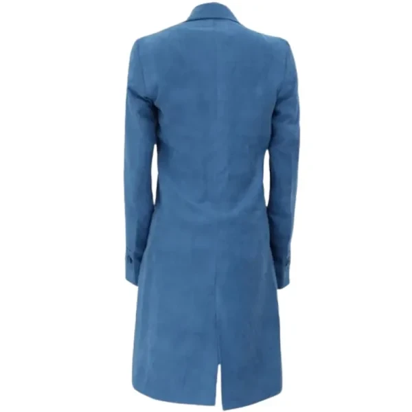 Women’s Blue Suede Leather Double-Breasted Trench Coat | Lapel Collar & Button Closure - Photo 1