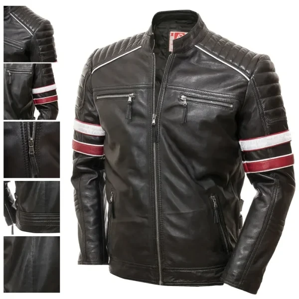 Men’s Racing Biker Stripes Real Leather Jacket | Black & Red Motorcycle Style | Free USA Shipping - Photo 6
