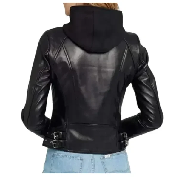 Women’s Black Leather Jacket with Hood | Real Leather & Button Closure | Edgy & Versatile - Photo 2