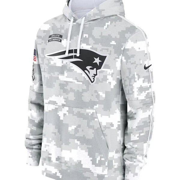 2024 New England Patriots Arctic Camo Salute to Service Hoodie | Grey Fleece Pullover with Hood – NFL Military Tribute - Photo 3