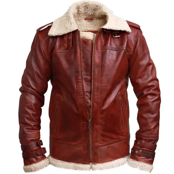 Men’s Brown Shearling Stand Collar Leather Jacket | Real Leather & Fur | Free USA Shipping - Photo 3