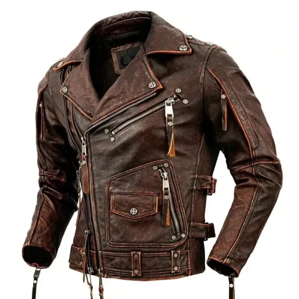 Men’s Vintage Brown Distressed Leather Biker Jacket | Cafe Racer Style - Photo 3