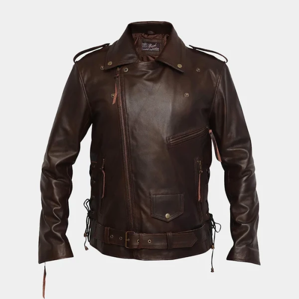 Vintage Distressed Cowhide Leather Jacket – Waist Strap & Notch Collar - Photo 4