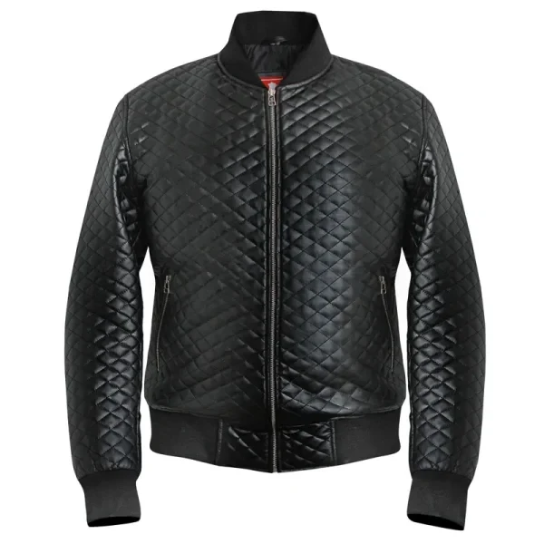 Men’s Diamond Quilted Black Motorcycle Bomber Jacket | 100% Genuine Leather - Photo 4